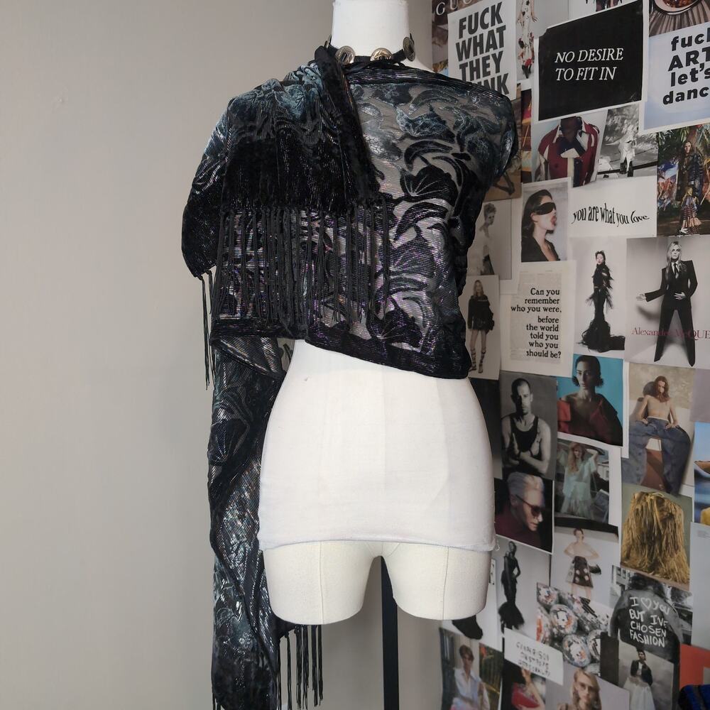 Metallic Floral Devore Whimsygoth Fringe Shawl